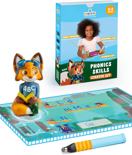 Edurino Mika Starter Set - Phonic Skills, Recognising & Writing Letters Correctly, Identifying Letter Sounds for Kids 4+, incl. 1 x Mika Figurine, Ergonomic Pen and App Access, Handwriting Practice.