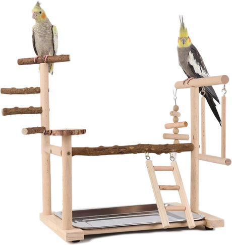 WishesMar Bird Playground Parrot Play Stand with Feeder Cup Swing Climb Ladder and Tray Budgie Playground Cage Exercise Gym Toys for Parakeets Cockatiel, Wooden, Size About 17.7x14.6x10.2 In #A.