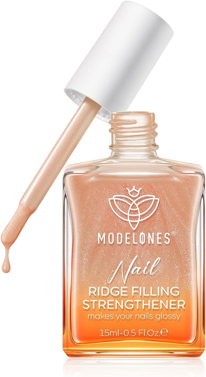 Modelones Nail Care 8 in one Ridge Filling Strengthener Treatment, Nail Polish Strengthener for Damaged and Weak Nails, Nail Hardener Extra Strong and Growth Smoothing Base Coat Rose Nail Varnish 15ml.