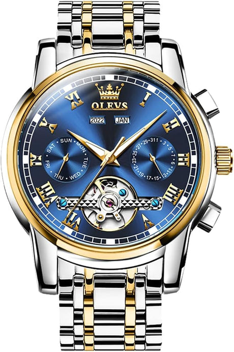 OLEVS Men's Automatic Watch, Self Winding Stainless Steel Men Dress Watch, Waterproof Luminous Men Tourbillon Skeleton Watch, Big Dial Date Men Mechanical Watch.