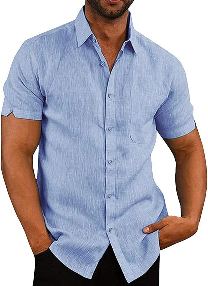 Glacspyg Linen Shirt Men's Short Sleeve Linen Shirt Work Casual Shirt Fit Business Casual Holiday Summer Beach Shirt.