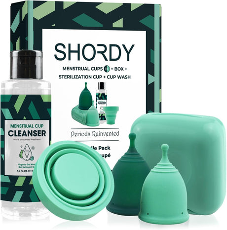 SHORDY Menstrual Cup Beginners Kit, Menstrual Cup PH Balanced Gel Cleaner Wash, Collapsible Sterilizer Cup and Silicone Period Cups (Small & Large), an Alternative to Tampons, Pads and Disc for Women.