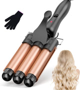 3 Barrels Hair Waver for Large, Waver Curling Wand-25mm Curling Iron with PTC Ceramic Barrels, Temperature Setting and Quick Heating with Heat-resistant Glove - Rose Gold.