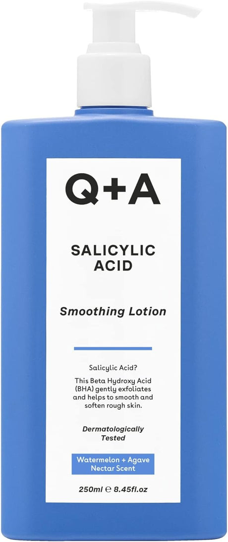 Q+A Salicylic Acid Smoothing Lotion for Targeted Body Care, a BHA that exfoliates the skin, combats 'backne' and unwanted texture, promotes smoother, healthier skin, 250ml.