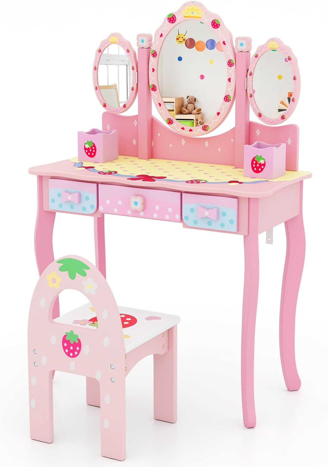 COSTWAY Kids Vanity Table and Chair, Girls Dressing Table with Tri-Folding Mirror, Drawers and Storage Boxes, Cute Playroom Bedroom Furniture for Toddlers (Pink).