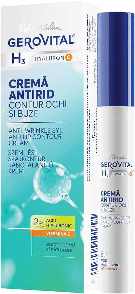 Anti-Wrinkles Eye and Lip Cream with Hyaluronic Acid, Vitamin C and E, Moisturizes the Skin, Prevents and Reduces Expression Lines, 15 ml, Gerovital H3 Hyaluron C.