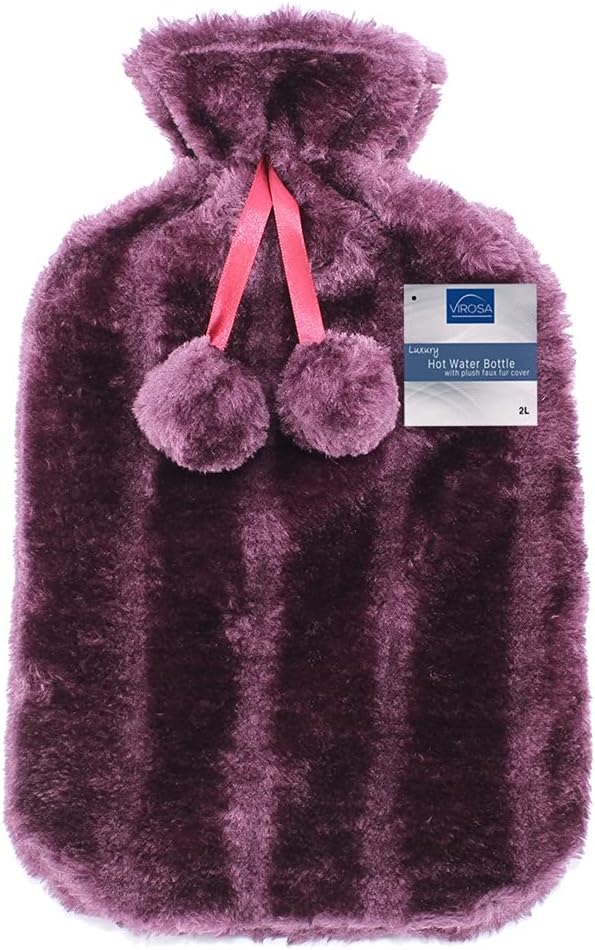 VIROSA Hot Water Bottle with Premium Cozy Fluffy Cover | Large 2L Capacity | Best for Relief from Back, Neck, and Leg Muscle Pain and Cramps (Plum).