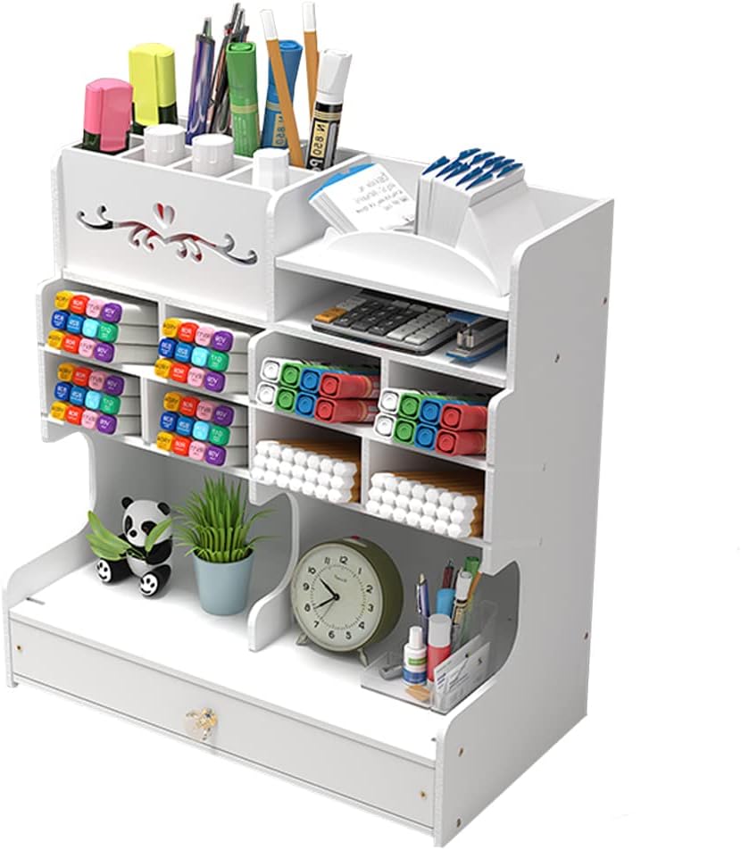 Desk Organiser with Drawer, DIY Pencil Holder Desk Tidy Caddy Office Stationery Desktop Organizer for School Home Office Art Supplies(PB16-2 White)