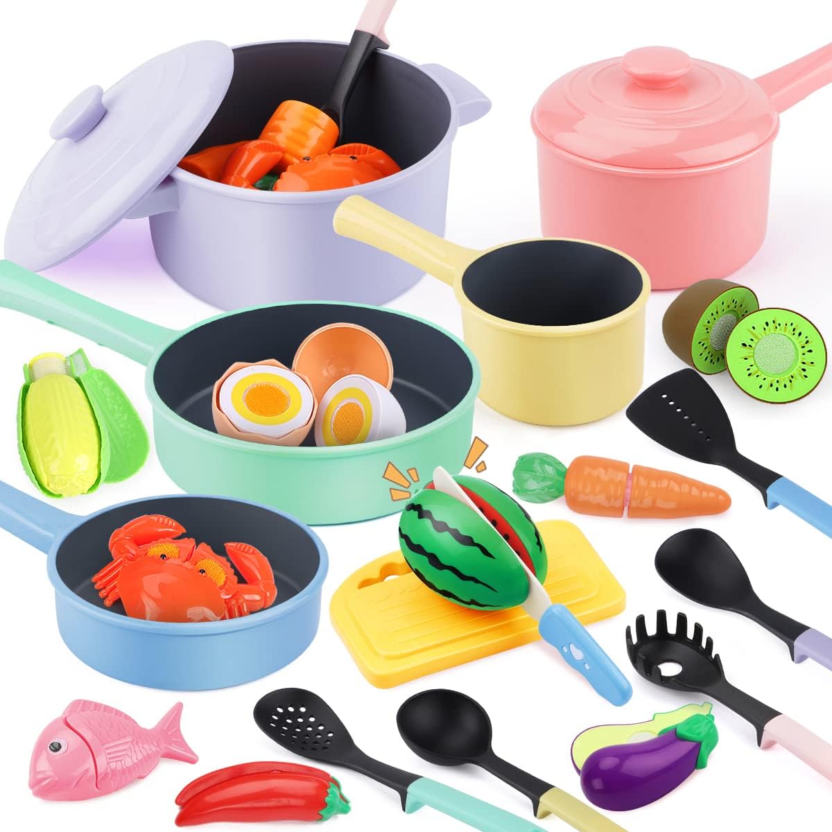 GILOBABY Kitchen Pretend Toy, Role Play Cutting Fruit Food Toy & Cookware Pot & Pan Set, Educational Gift Toy for Kid Girl Boy Toddler Age 3,4,5,6,7,8, Cooking Utensil Vegetable Toy for Children.