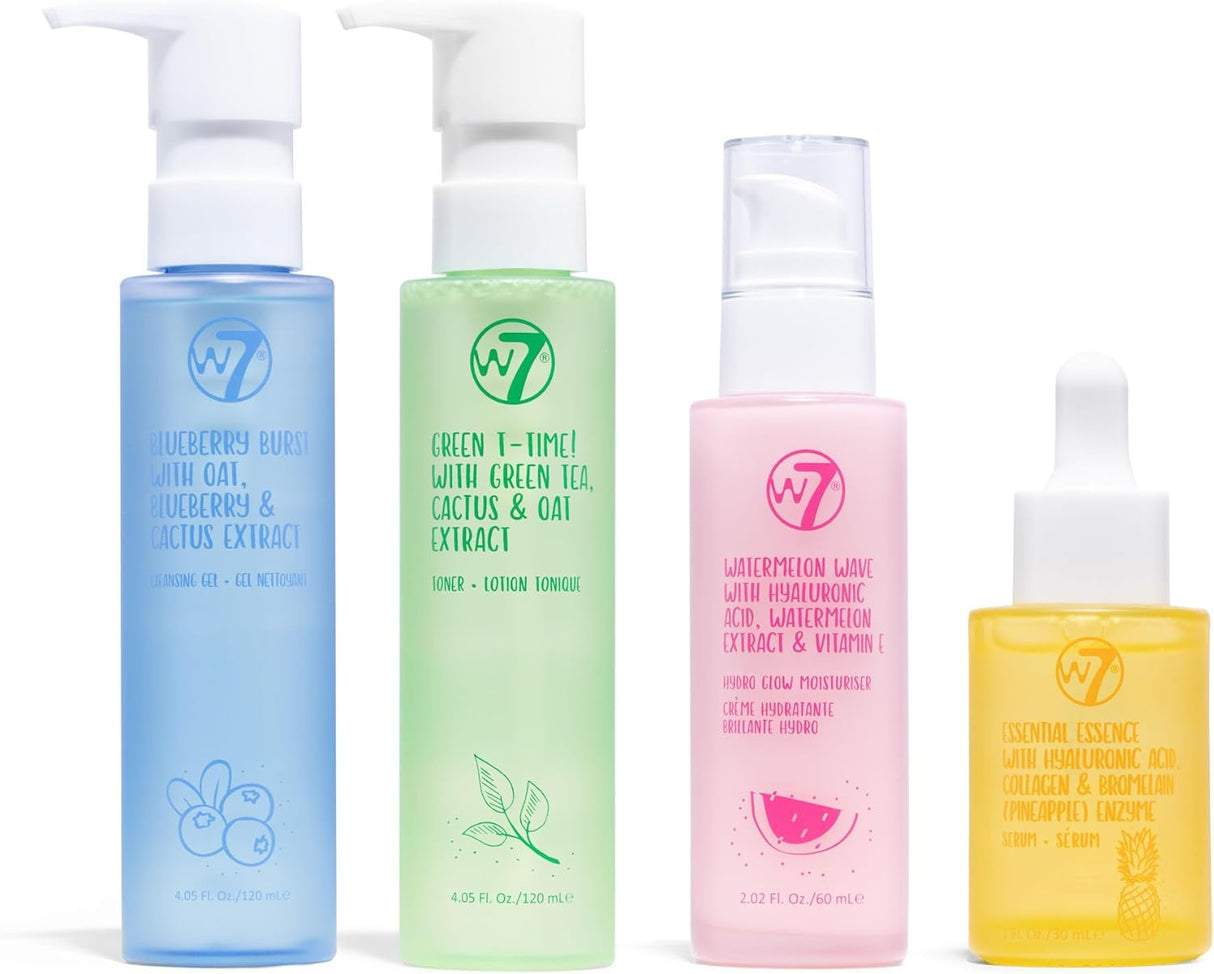 W7 Skin Refresh Essential Full Size Natural Skin Care Kit for Beautiful Skin - 4 Step Daily Routine - Moisturiser, Cleansing Gel, Toner and Serum.