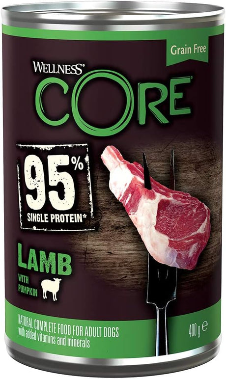 Wellness CORE 95 percentage Lamb and Pumpkin, Wet Dog Food, Grain Free Wet Dog Food, High Meat Content, Lamb and Pumpkin, 6 x 400 g.