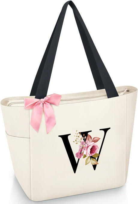 Vavabox A-Z Initial Personalized Tote Bag,Waterproof Gifts for Women, Bridesmaids,Mom,Teachers,Friends (A, Black).