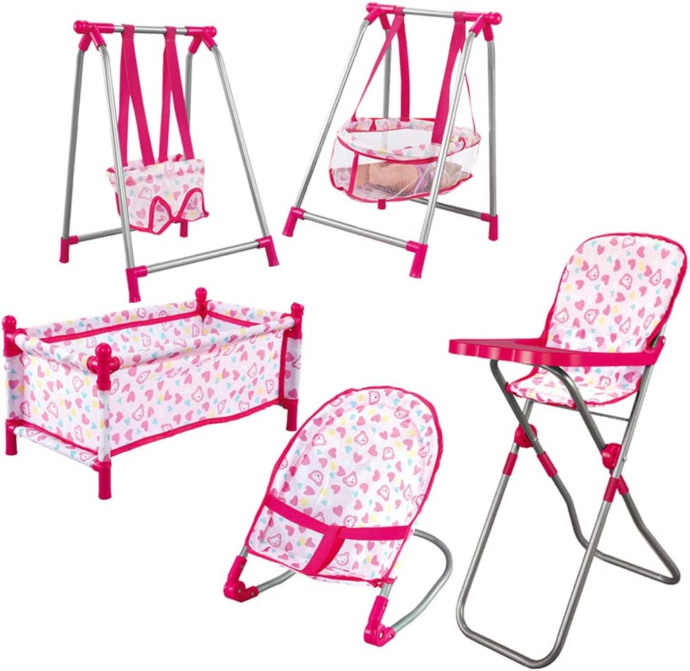 deAO Kids Deluxe 5 -in-1 Baby Doll Pretend Play Set with Cot Bed, Bouncer, Adjustable Swing Seat and High Chair Accessories Included (Doll Not Included).