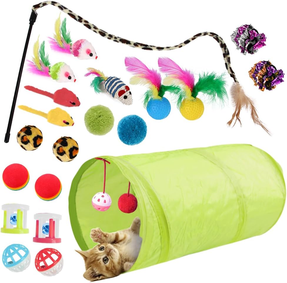 ACNCN 22 Pcs Cat Toys, Kitten Toys Interactive Cat Toys for Indoor Cats, Cat Tunnel Toys Set for Indoor Cats(22PCS Rainbow)