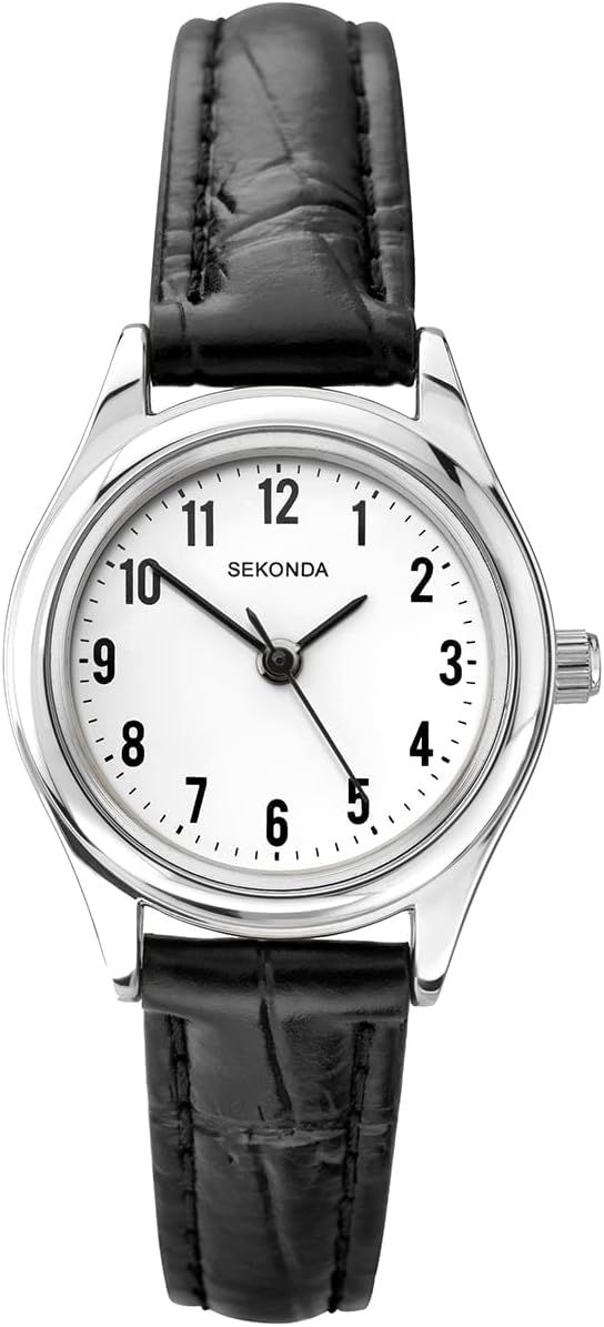 Sekonda Evans 27mm Womens Easy Reader Analogue 3 Hand Classic Quartz Watch White Dial Mineral Glass Leather Strap Stainless Steel Caseback.