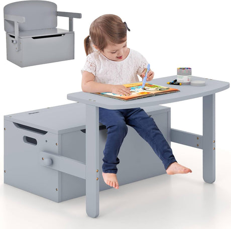 GYMAX 3 in 1 Kids Storage Bench, Convertible Toy Storage Box with Safety Hinge, Wooden Children Table and Chair Set for Playroom Bedroom (Grey).