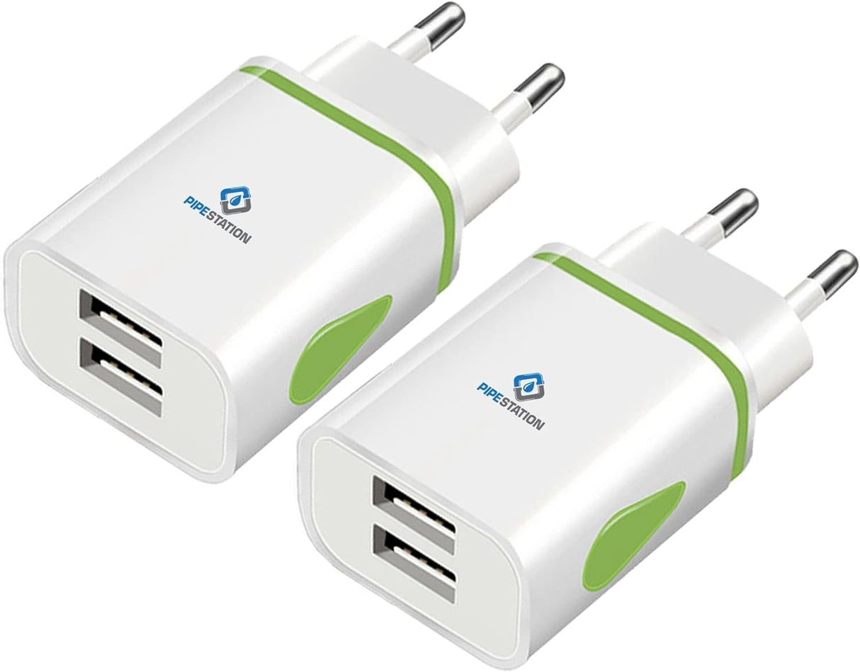 Pipestation® Holiday Charger EU 2 Pin to USB Plug Adapter | Euro Adaptor - 2 USB Ports | European Universal Travel Adapter Plug Uk To Europe Travel Plug Charging For Phones Shaver Toothbrush (2 Pack).