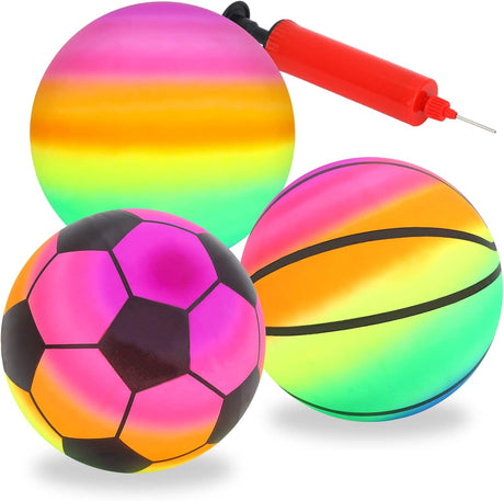 Gukasxi 3 Pcs Inflatable Beach Ball with Pump, Inflatable Sport Balls Football Basketball Rainbow Ball Outdoor Playground Garden Bouncy Beach Balls Toy Summer Games for Kids Boys Girls and Adults.