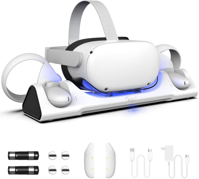 ZYBER Charging Dock with LED Light for Oculus Quest 2, VR Charging Stand for Meta Quest 2 (Support Elite Strap with Battery), Charging Station with 2 Rechargeable Batteries.