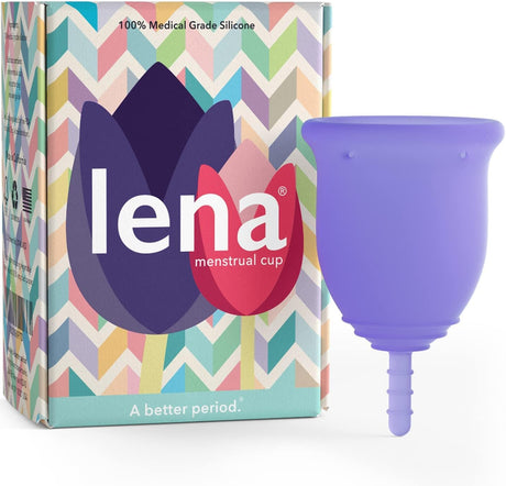 Lena Menstrual Cup - Reusable, Soft Silicone, Light & Heavy Flow, Beginner Use - Ideal Alternative to Tampons, Pads, Period Underwear - Period Solution - Super Capacity - Purple.