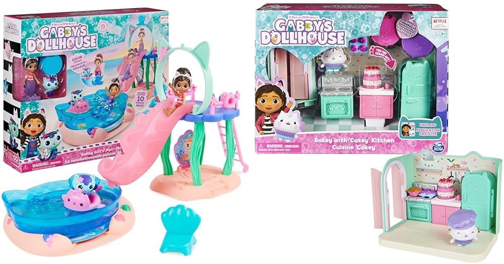 Gabby’s Dollhouse, Purr-ific Pool Playset with Gabby and MerCat Figures, Colour-Changing Mermaid Tails and Pool Accessories Kids’ Toys for Ages 3 and Up, Blue.