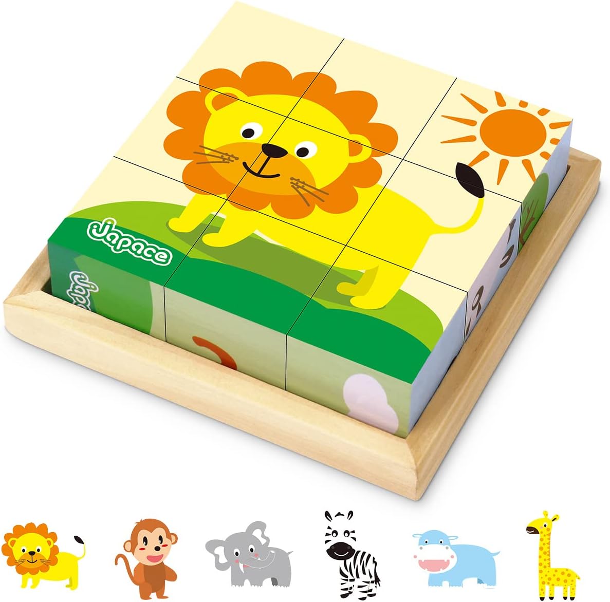 Japace Wooden Jigsaw Puzzles for Toddlers, 6 In 1 Animal Puzzle 3D Wooden Cube Block Toys Montessori Educational Games for Kids 1 2 3 4 Years Old Birthday for Boys and Girls.