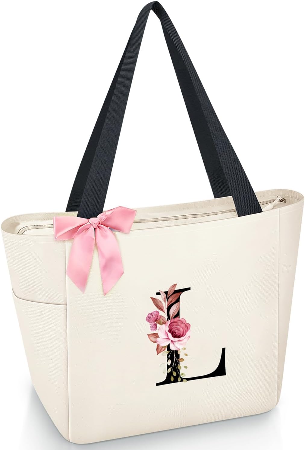 Vavabox A-Z Initial Personalized Tote Bag,Waterproof Gifts for Women, Bridesmaids,Mom,Teachers,Friends (A, Black).