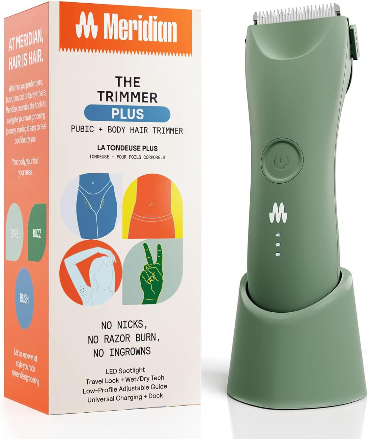 MERIDIAN Trimmer Plus Body Hair Manscaping Trimmer, Adjustable Guard, USB C Charging, Flash Light, Travel Lock, Charging Dock, Bikini Trimmer, Mens Body Hair Trimmer - Sage.