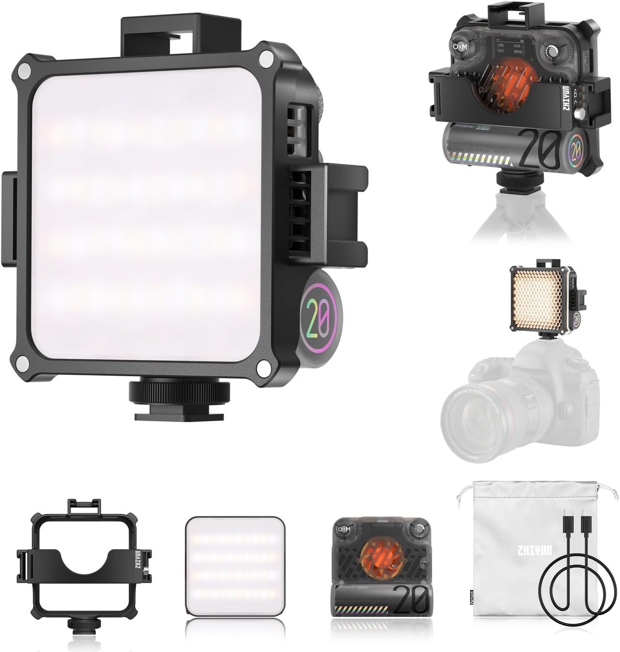 Video Light, ZHIYUN FIVERAY M20 Combo [Official] 20W Camera Light Dimmable, Portable LED Panel Light Rechargeable with Extension Bracket, Modifier Pack for Youtube, 2700K-6500K, 2010Lux, TLCI 97+.