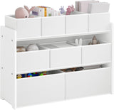 Lestarain Kids Storage Unit with 9 Toy Boxes, Kids Toy Storage Unit Toy Box Storage Rack Kids Toy Organiser Playroom Bedroom Storage Boxes, White, MDF+Fabric, 92x30x60/68cm.