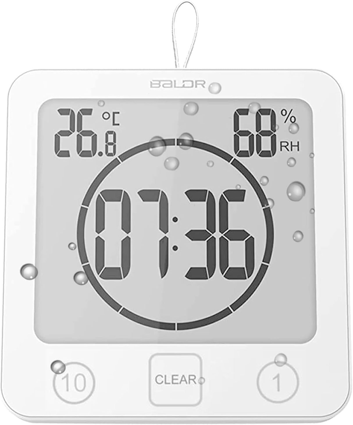 Waterproof Bathroom Wall Clock with Timer, Digital Water Resistant Countdown Timers for Shower, Temperature & Humidity, Mirror Suction & Wall Hanging & Table Standing, Easy for Kids & Seniors (White).