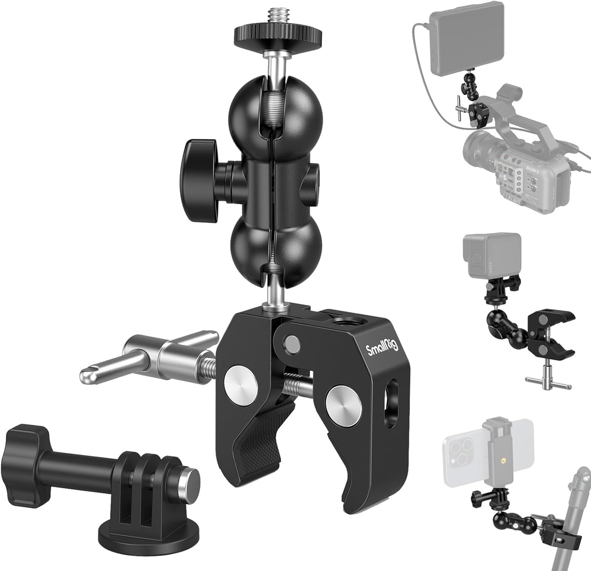 SMALLRIG Upgrade Camera Mount Clamp, Double Ball Head Magic Arm with Clamp, Super Clamp with Non-slip Threads, Load Capacity 1.5kg for Gopro, Webcam, Camera, Monitor and Light -1138B.