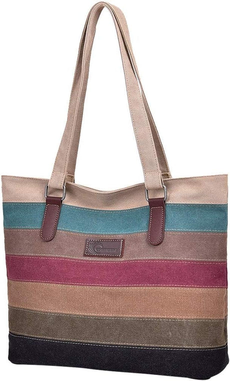 CHEREEKI Tote Bag, Striped Canvas Womens Handbag for School Work Shopping and Travel (Multicolor).