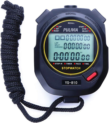 PULIVIA Stopwatch Sports Timer 10 Laps/Splits Digital Stopwatch with Recall Countdown Timer Clock Alarm Calendar, Large Display Stopwatch for Coaches Swimming Running sport Training.