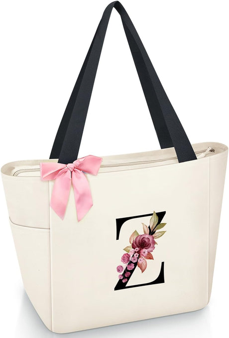 Vavabox A-Z Initial Personalized Tote Bag,Waterproof Gifts for Women, Bridesmaids,Mom,Teachers,Friends (A, Black).