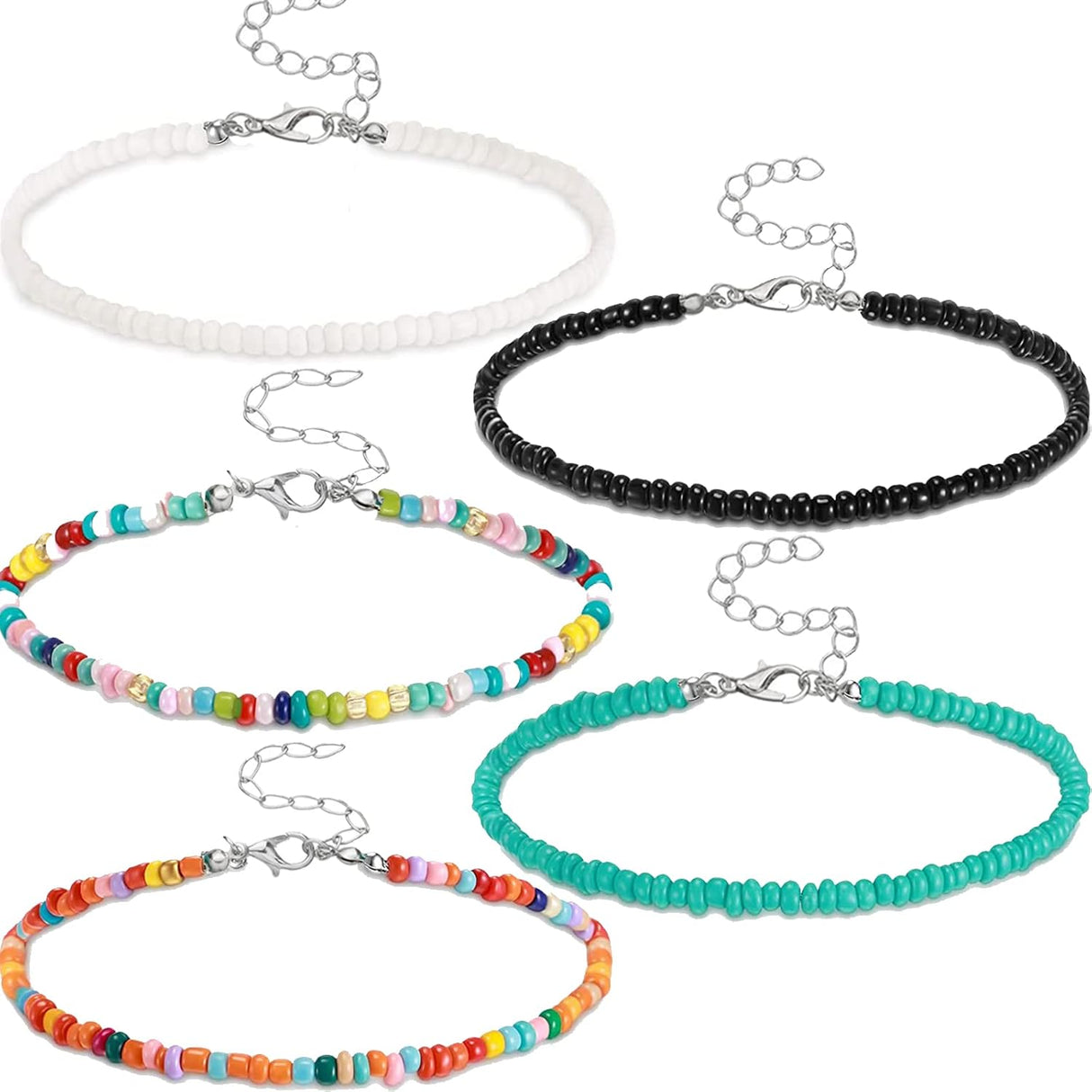 MEITREND Beaded Necklaces Choker Small Beady Necklaces,5PCS Boho Layered Necklaces Colorful Handmade Bead Bohemian Necklace With Adjustable Chain,Exotic Costume Jewellery for Women Girls Holiday.