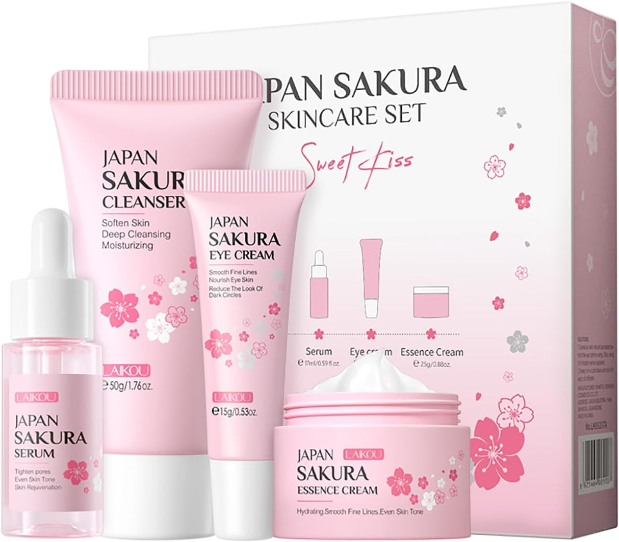 LAIKOU Japan Sakura Skincare Set, Luxury Facial Kit for Women Teenage Girls, Moisturizing & Anti Aging Skincare Gift Set - Cleanser, Toner, Lotion, Serum, Eye Cream, Face Cream, Makeup Primer, 7pcs.