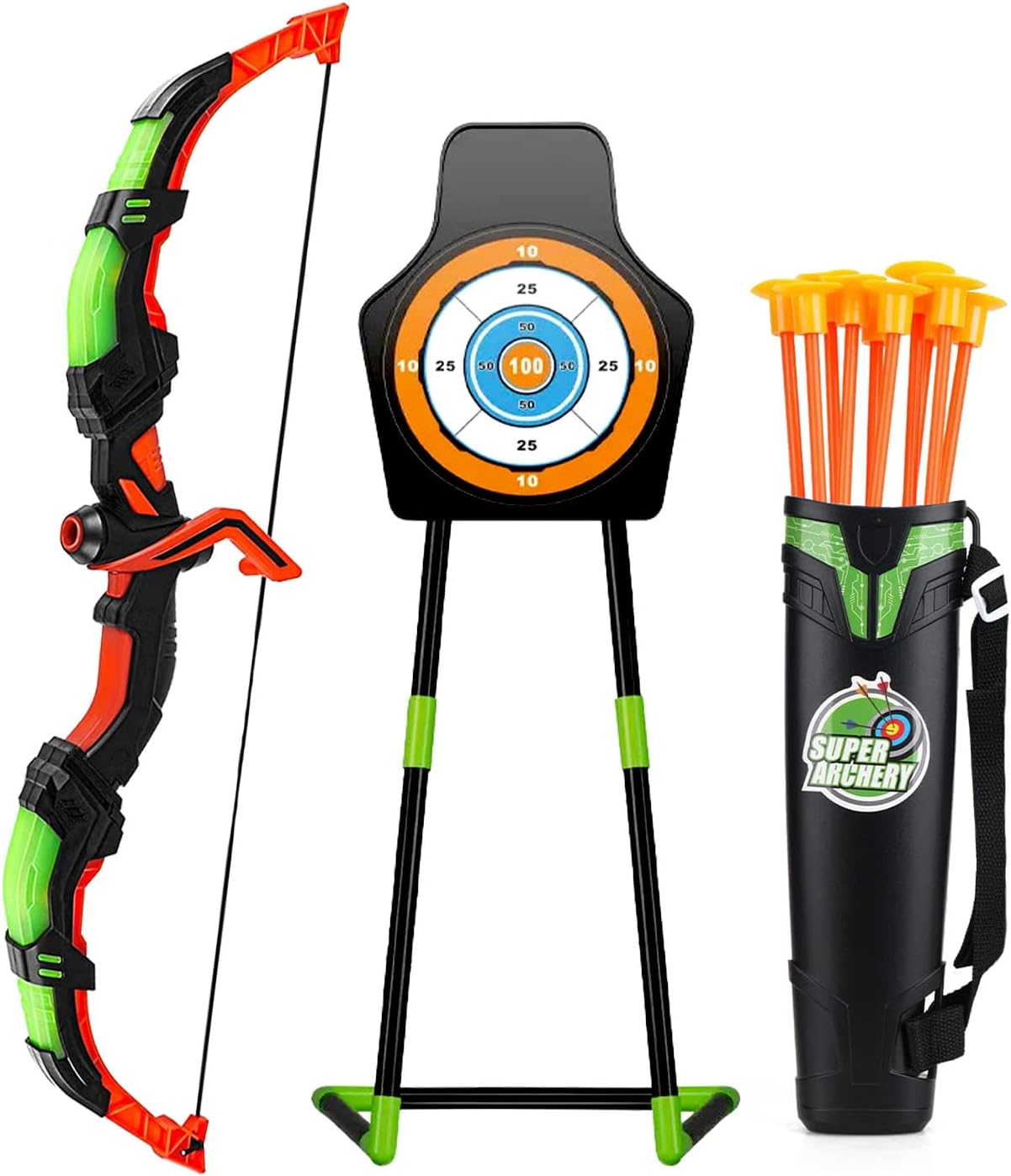 VALYPANOR Bow and Arrow Set for Kids Archery Set with LED Lights Includes 10 Suction Cup Arrows, Quivers & Standing Target for 3-12 Years Old Boys & Girls Outdoor Toys.