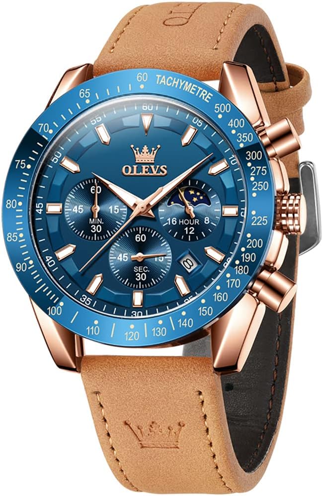 OLEVS Mens Watches Dress Brown Leather Strap UK Waterproof Sport Military Multifunction Chronograph Analog Quartz Wrist Watches Gent Luminous Fashion Calendar.