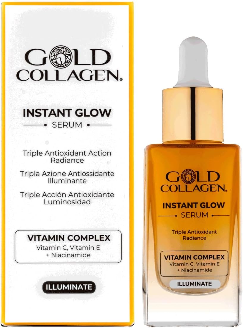 GOLD COLLAGEN Instant Glow - Vitamin C, Vitamin E, Glycerine & Niacinamide Serum for Skincare, Pore Minimizer & Moisturiser - Anti Aging Face Serum Against Wrinkles, Triple Antioxidant Action, 30 ml.