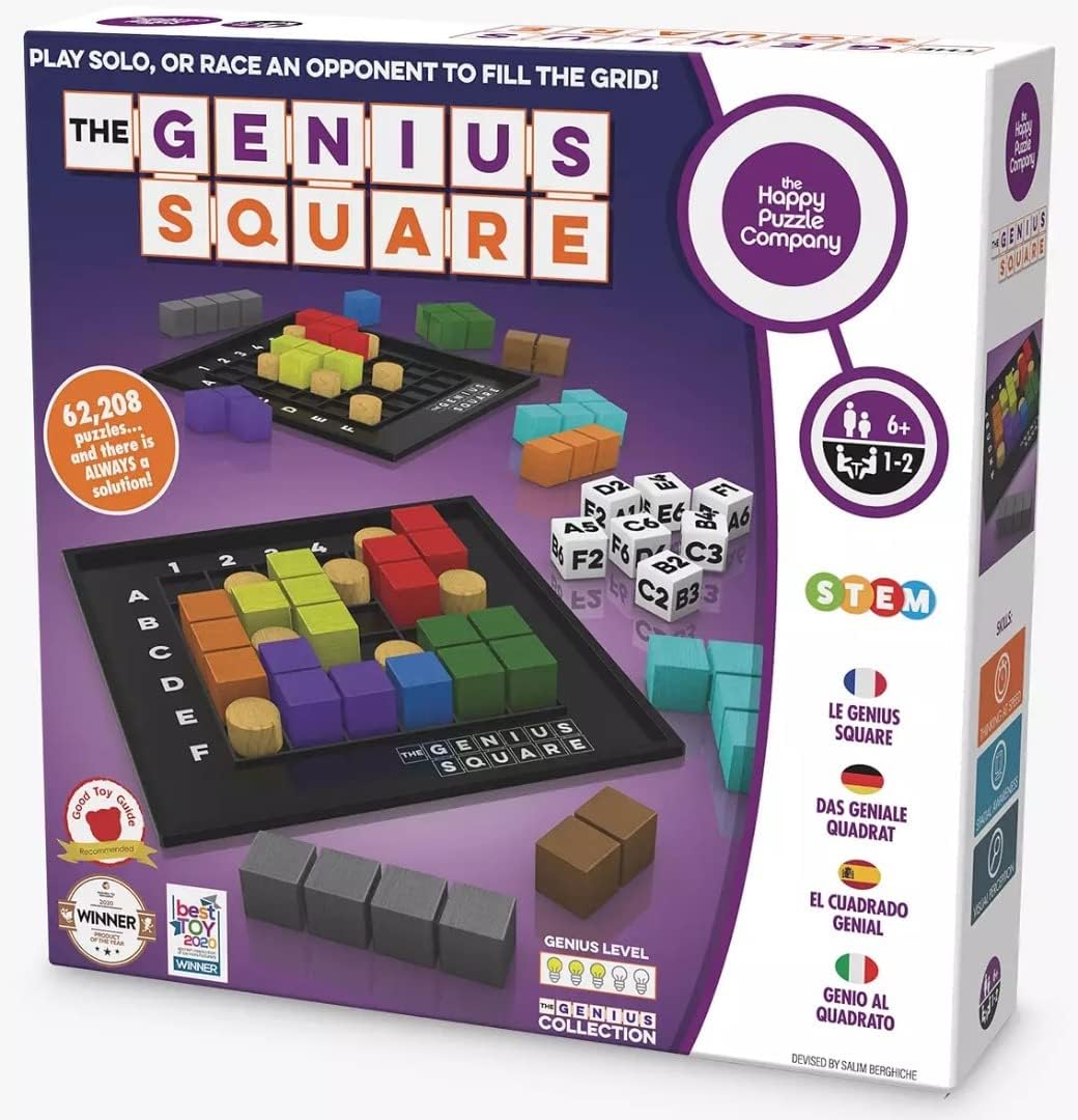 The Happy Puzzle Company The Genius Square Game - 62,208 Puzzle Challenges for Friends and Family Board Game Night - Logic STEM Educational Learning Resources - Adults & Kids Smart Games Ages 6+.