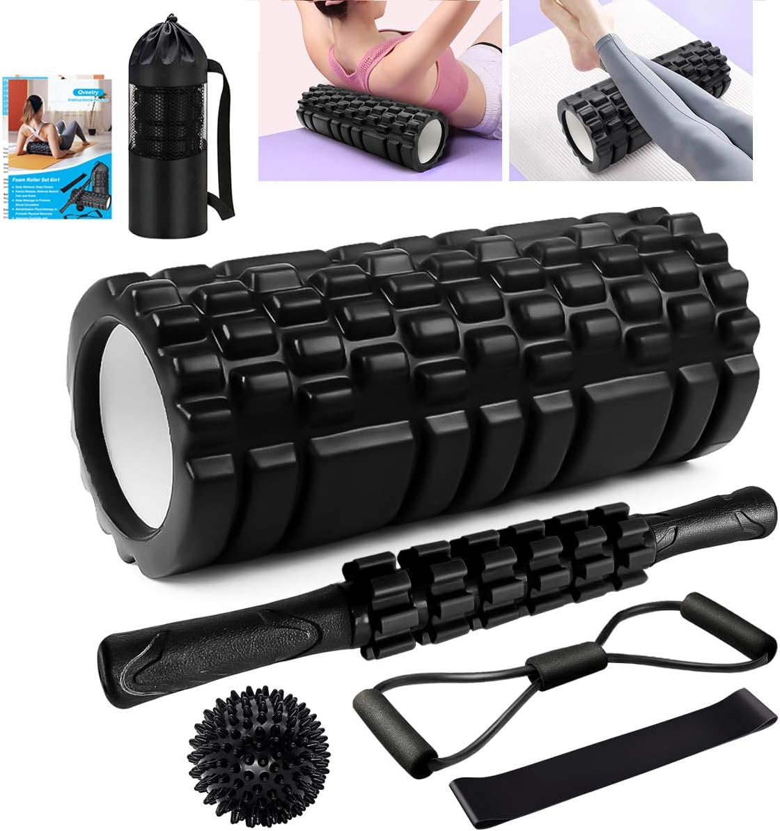 Foam Rollers,Qveetry 6 in 1 Foam Roller Set Deep Tissue Massage Roller with Muscle Roller Stick,Exercise Resistance Bands,Massage Ball, Density Foam Roller for Yoga Pilates.