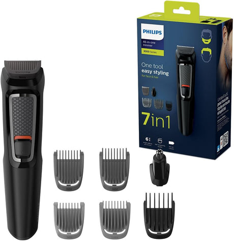 Philips 7-in-1 All-In-One Trimmer, Series 3000 Grooming Kit for Beard & Hair with 7 Attachments, Including Nose Trimmer, Self-Sharpening Blades, UK 3-Pin Plug-MG3720/33.