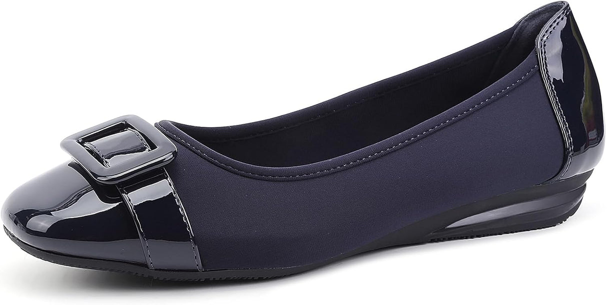 Greatonu Womens Buckle-Embellished Wedge Heel Casual Ballet Flats.