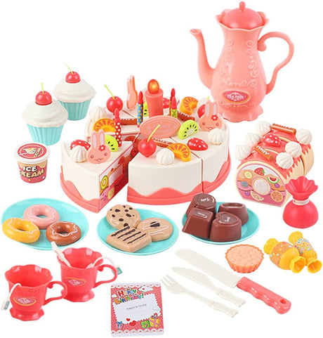 deAO Cake Toy Food Set, 83 PCS Cutting and Decorating Birthday Cake Tea Party Play Set, Pretend Toys Role Play Food Sets for Children, Educational Learning Kitchen Playset Toy for 3 4 5 Years Old Kids.