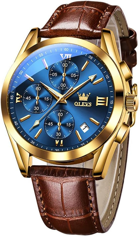 OLEVS Watch for Men Chronograph Brown Leather Strap Classic Fashion Analog Quartz Big Dial Casual Waterproof Luminous Wrist Watches.