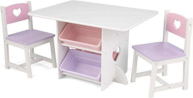 KidKraft Heart Wooden Table and 2 Chairs with Storage Bins, Kids Table and Chair Sets, Toy Storage, Kids Children's Playroom/Bedroom Furniture, 26913.