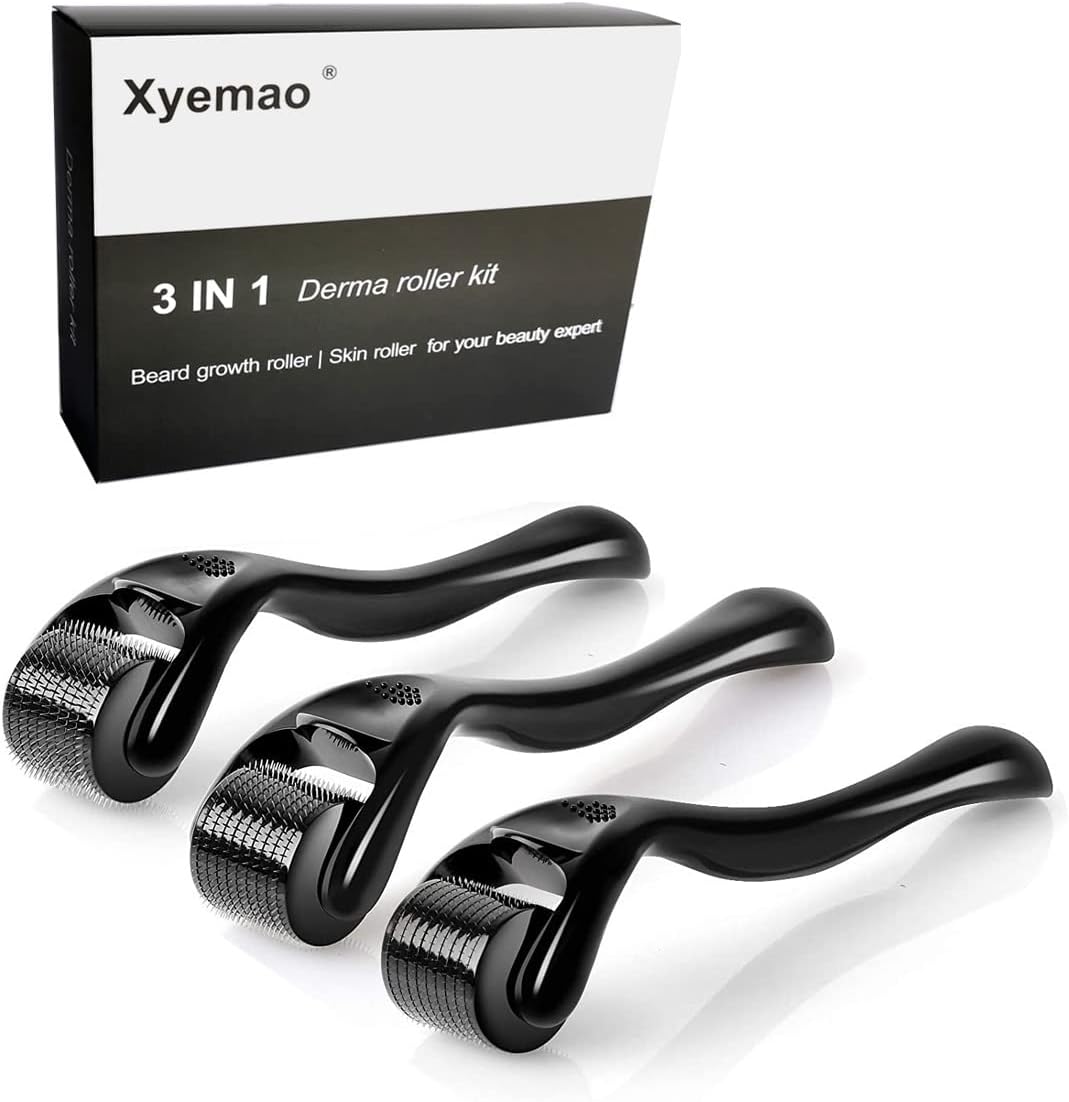 Xyemao Beard Growth Roller| Derma Roller 3Pack(0.5+1.0+1.5) mm | Beard Roller | Titanium Micro Needling Roller for Men and Women | Stimulate Beard and Hair Growth - Black.