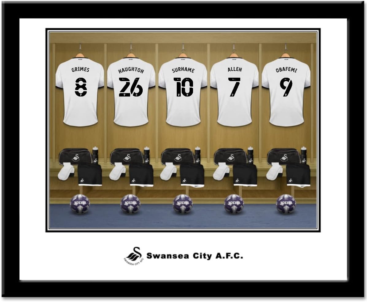 Swansea City Personalised Dressing Room Photo Framed Print supporters, large 14x11 black frame, officially licensed.