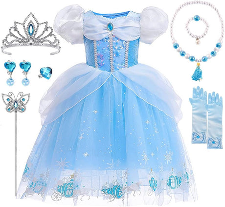 TOLOYE Princess Costumes for Girls, Cinderella Dress Up for Girls with Crown Fairy Wand Necklace Sets, Cinderella Princess Dress Long Skirt, Kids Fancy Dress for Carnival Party Bridesmaid Cosplay.